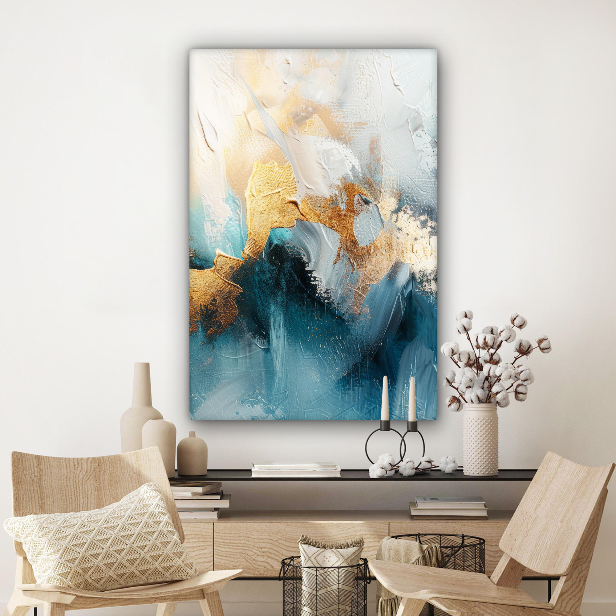 LEINWANDBILD Abstrakt - Kunst - Gold - Blau 80x120 cm - Petrol, Textil (80/120cm) - MuchoWow