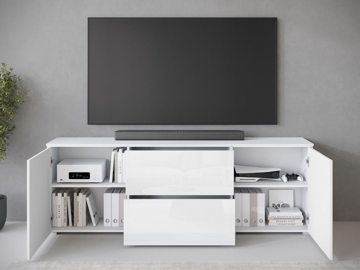 TV-LOWBOARD Vera 180 mit weißer LED Beleuchtung - Weiß Hochglanz/Silberfarben, Holzwerkstoff/Kunststoff (180/62/35cm) - MIRJAN24