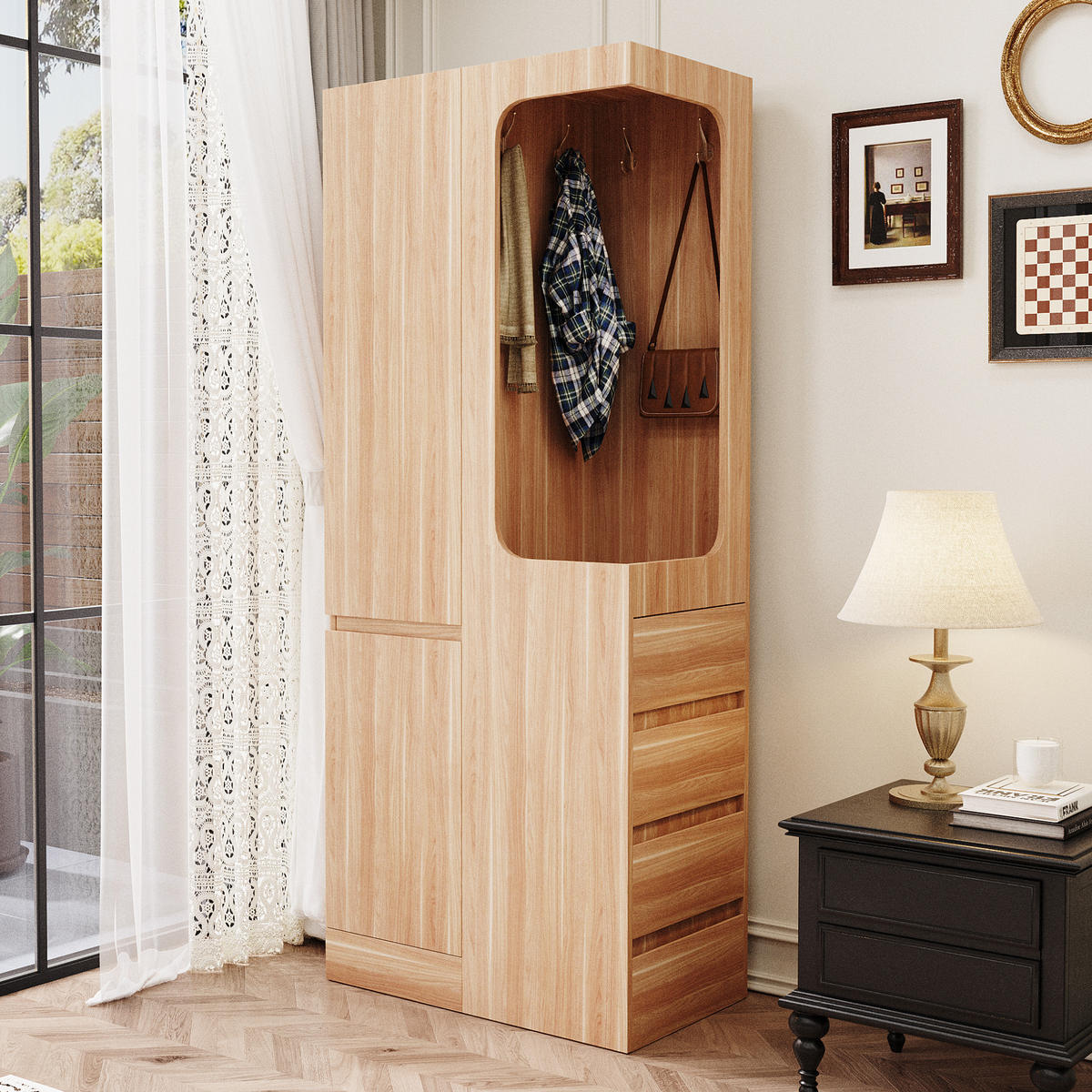 KLEIDERSCHRANK in Naturfarben mit Schubladen und Staufächern für Schlafzimmer und Wohnzimmer, B70/T40/H170 cm - Naturfarben, Holzwerkstoff (70/170/40cm) - STILVORA