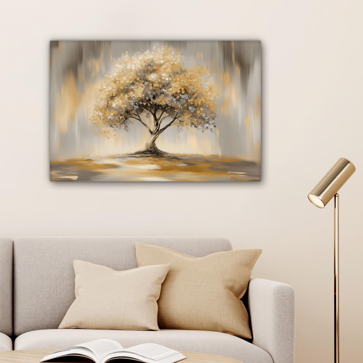 LEINWANDBILD Gemälde - Baum - Abstrakt - Blätter Gemälde 60x40 cm - Beige, Textil (60/40cm) - MuchoWow