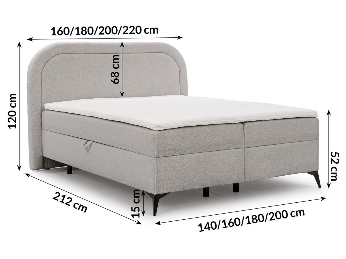 BOXBETT Sonna 160/200 cm Hellgrau Bouclé-Stoff mit abgerundetem Kopfteil und mit schwarzen Metallfüße - Hellgrau/Schwarz, Holz/Textil (160/200cm) - S-Style Möbel