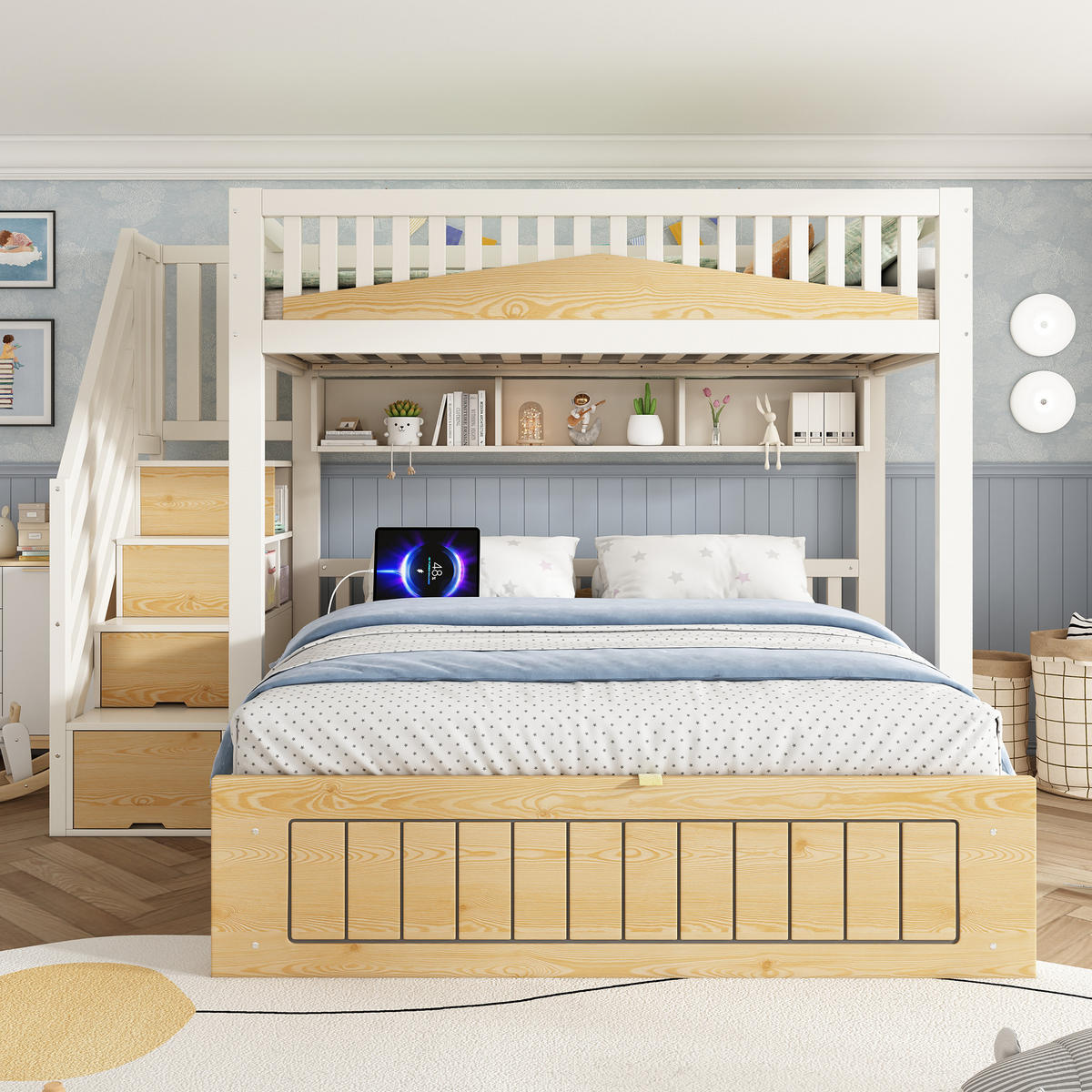 ETAGENBETT 90/200 cm & 140/200 cm in Weiß & Natur mit Stauraum, Regal und USB - Weiß/Naturfarben, Holz/Holzwerkstoff (90/200cm) - WISHDOR