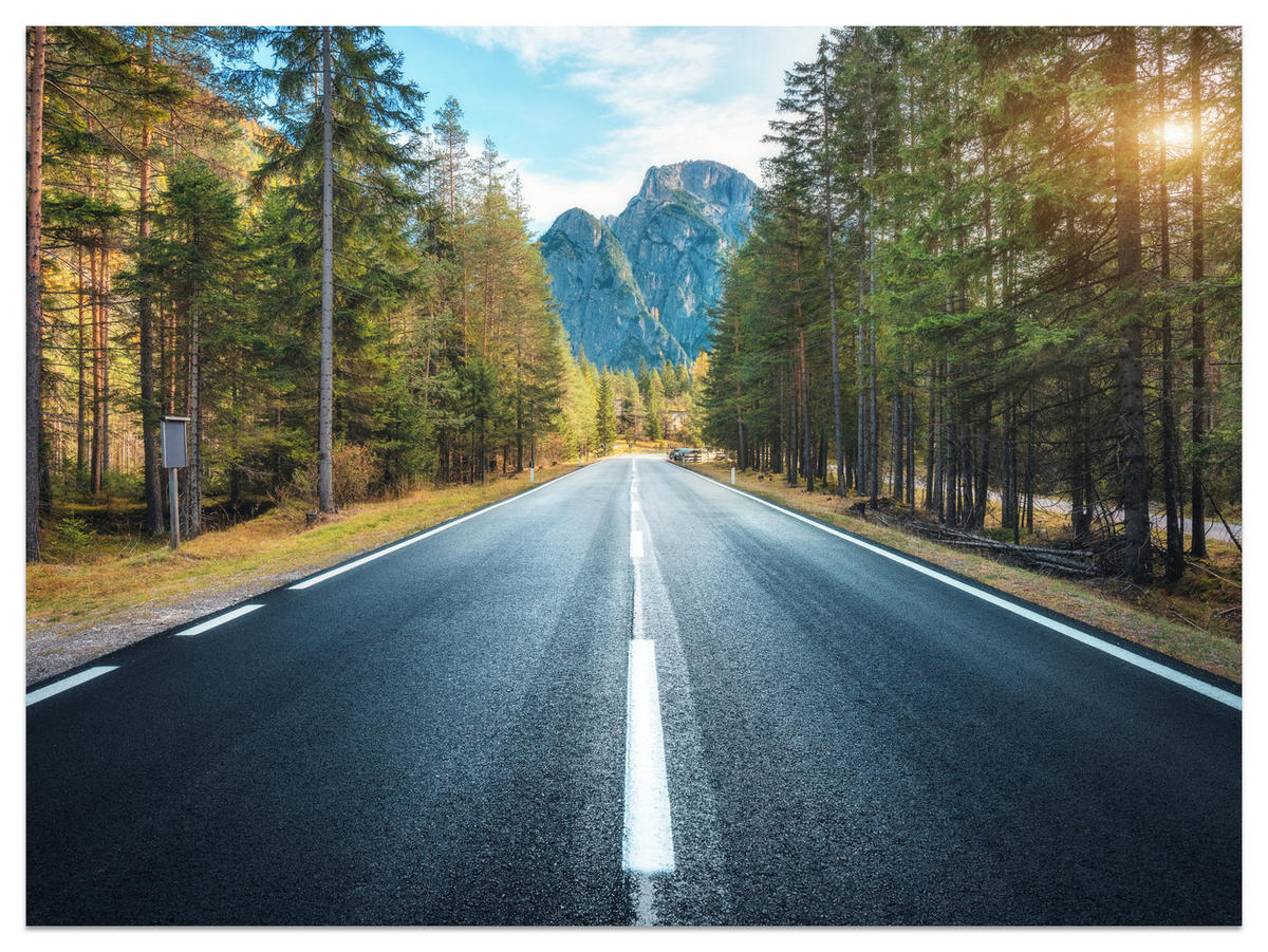 FOTOTAPETE für Wohnzimmer Asphaltstraße Bergwald Bäume Pflanzen 100x70 - Gelb/Schwarz, Papier (100/70cm) - Muralo