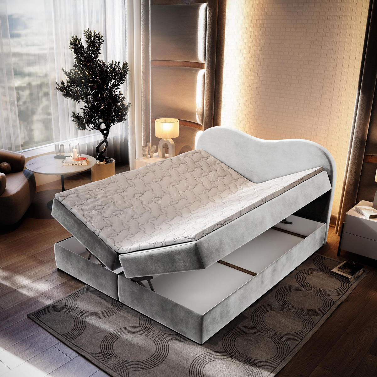 BOXBETT FLUVIA M 160x200 cm mit Matratze und Topper - Hellgrau - Hellgrau, Holz (160/200cm) - MASSENO