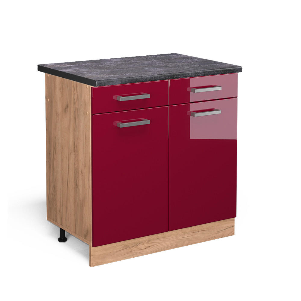 KÜCHENUNTERSCHRANK R-Line Rot Hochglanz 80 cm , AP Anthrazit - Honigeiche/Bordeaux, Holzwerkstoff (80/81.6/60cm) - Vicco