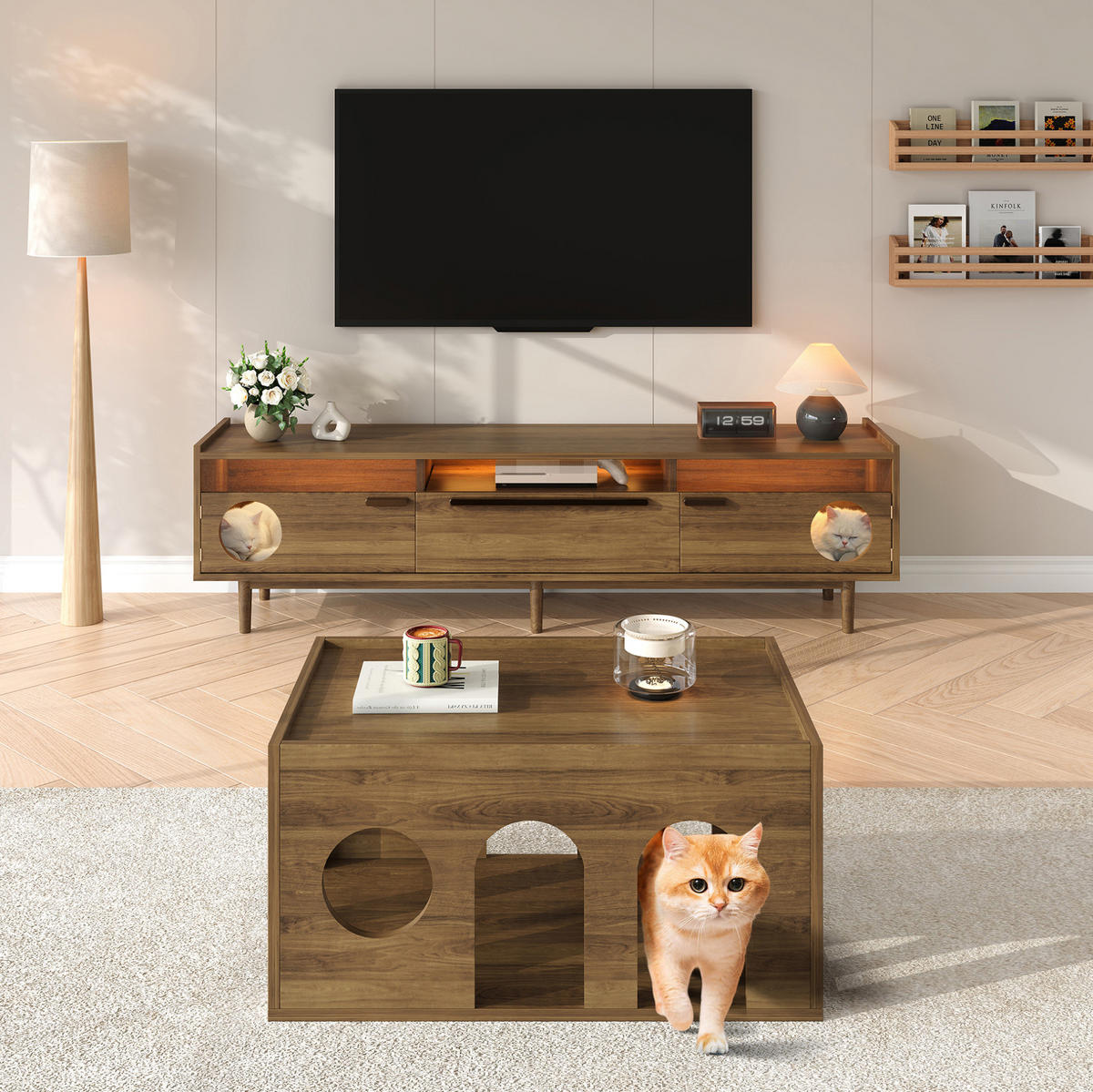 TV-ELEMENT mit LED und Katzenruheraum Holzwerkstoff Nussbaumfarbe - Braun, Holzwerkstoff (40/50/180cm) - Beauniv