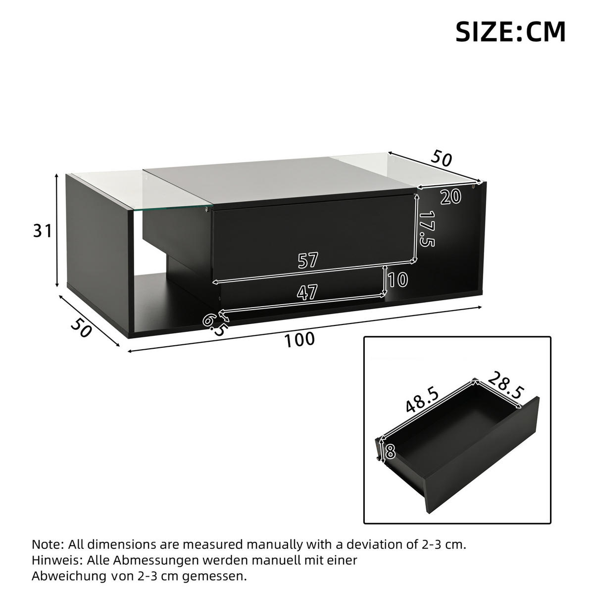 COUCHTISCH 100/50/31 cm mit Schublade, LED-Beleuchtung und gehärtetem Glas, Schwarz - Schwarz, Holzwerkstoff (100/50/31cm) - Redom