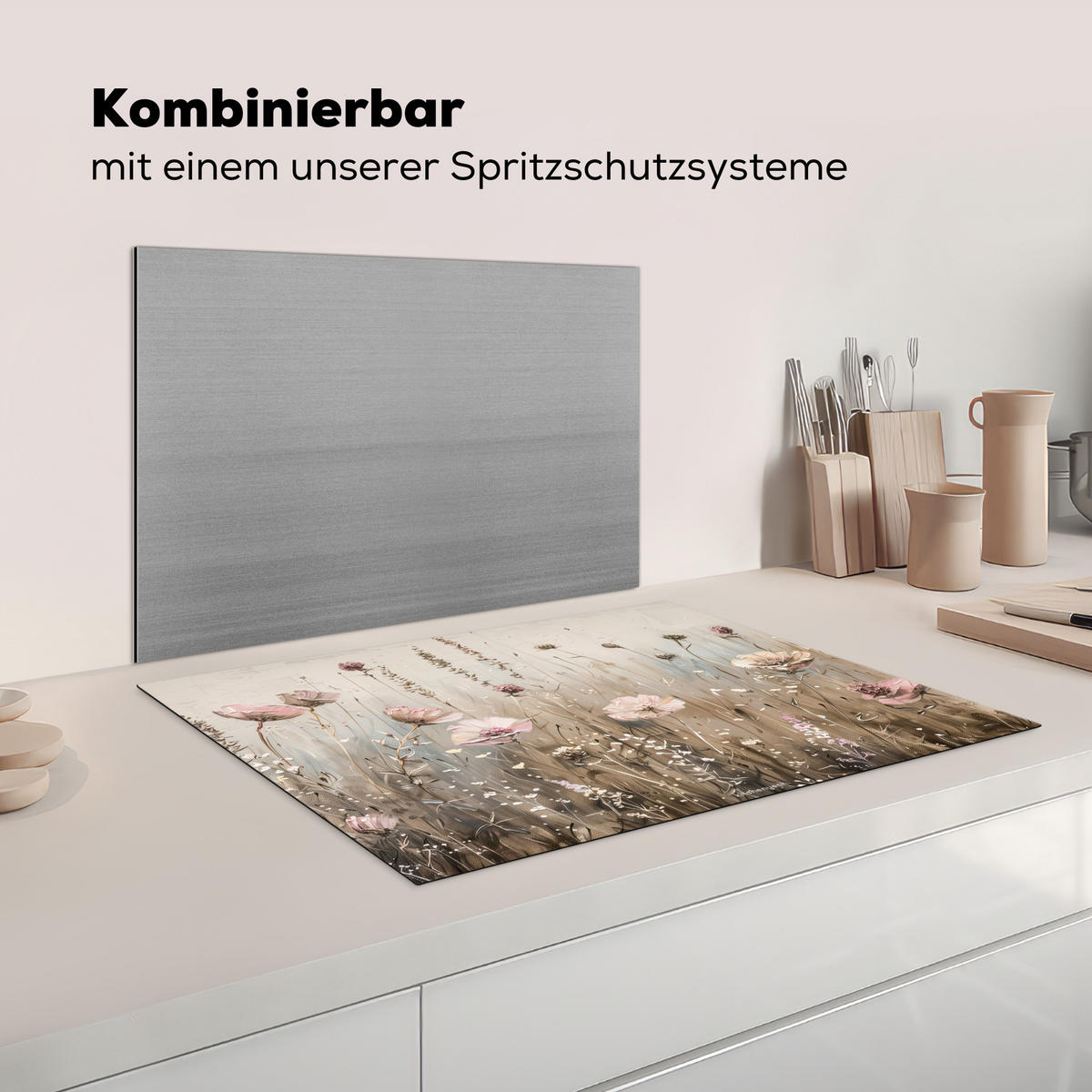 HERDABDECKPLATTE Blumen - Beige - Trockenblumen Herdabdeckung Induktionsfeld 75x52 cm - Beige, Kunststoff (75/52/0.2cm) - MuchoWow