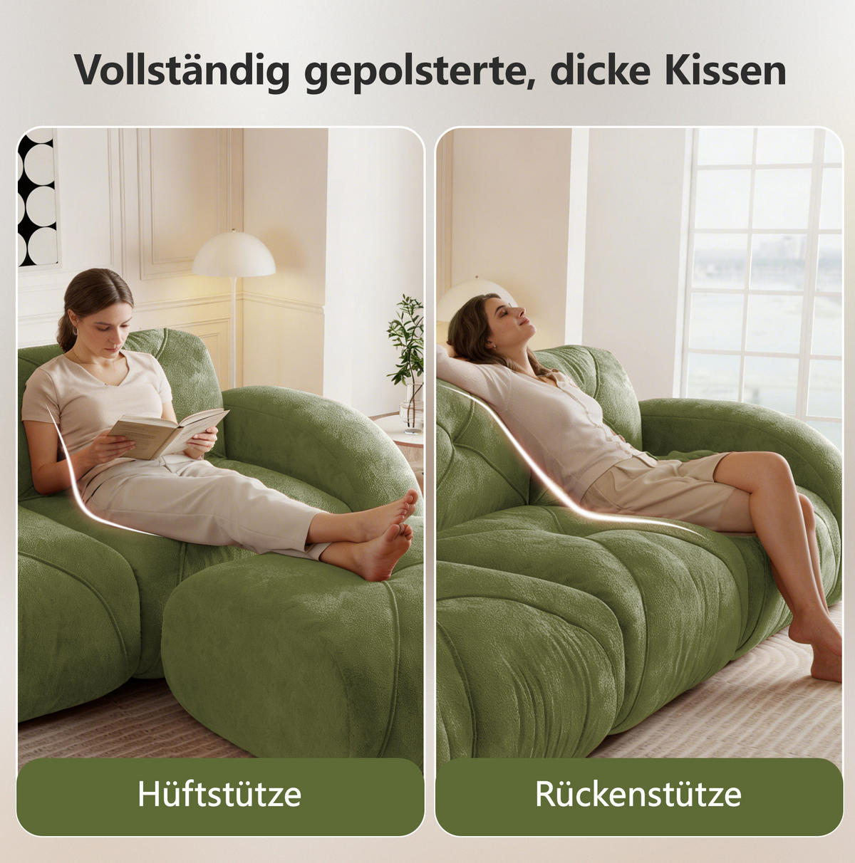 2-SITZER-MODULSOFA rahmenlos mit 32D-Schaumstoff, petfreundlichem Chenille-Bezug und rutschfestem Design, Grün - Grün, Textil (204/76/95cm) - Redom