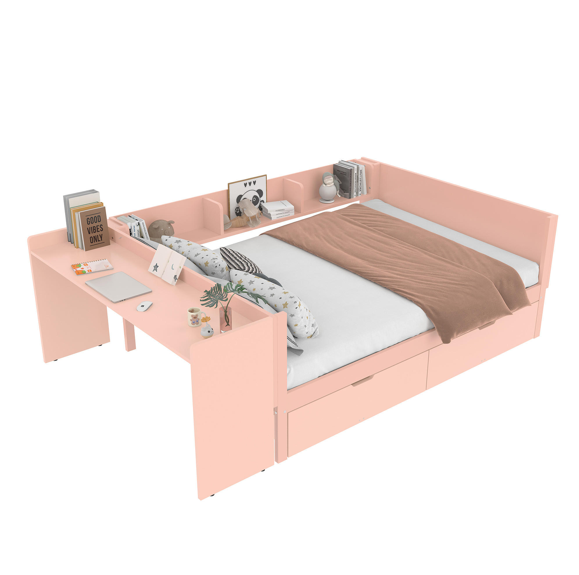 KINDERBETT 140/200 cm mit Schreibtisch und 2 Schubladen, Rosa - Rosa, Holz (140/200cm) - Flora Grace
