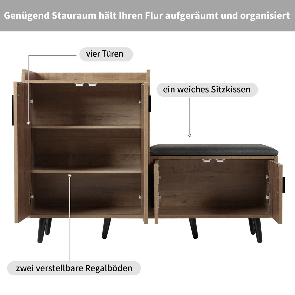 SCHUHSCHRANK aus Spanplatte 120x34x82cm in Natur mit Sitzpolster - Naturfarben, Holzwerkstoff (120/82/34cm) - Modfu