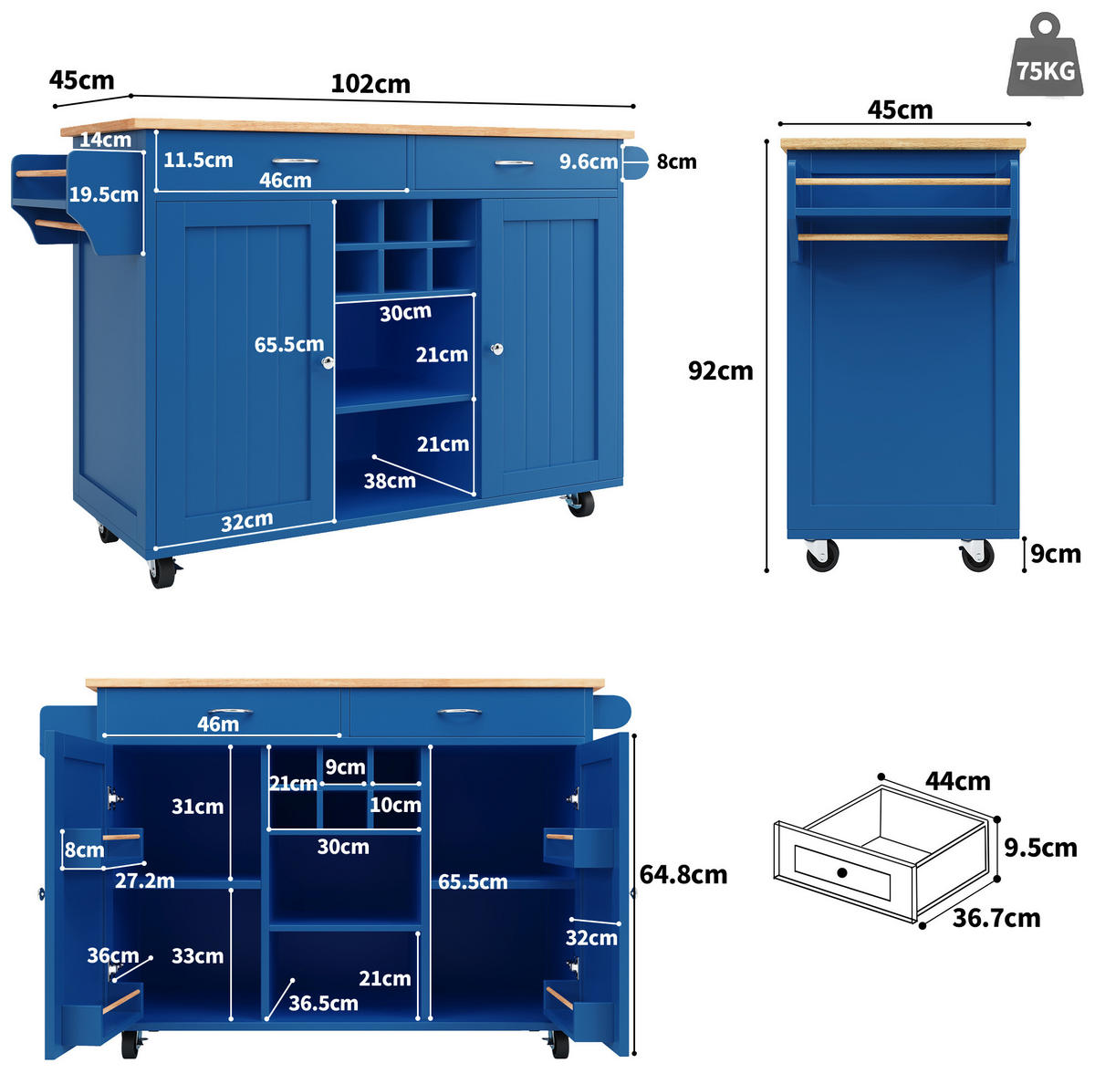 KÜCHENINSEL 102/45/92 cm aus MDF und Metall mit Rollen und flexiblem Stauraum Blau - Blau, Holzwerkstoff (102/92/45cm) - Modenvie