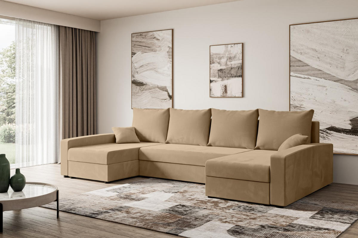 WOHNLANDSCHAFT mit Schlaffunktion und Bettkasten ALESIA-U 301x140x90 cm Beige Velours - Beige/Silberfarben, Holzwerkstoff/Kunststoff (301/90/140cm) - ALTDECOR