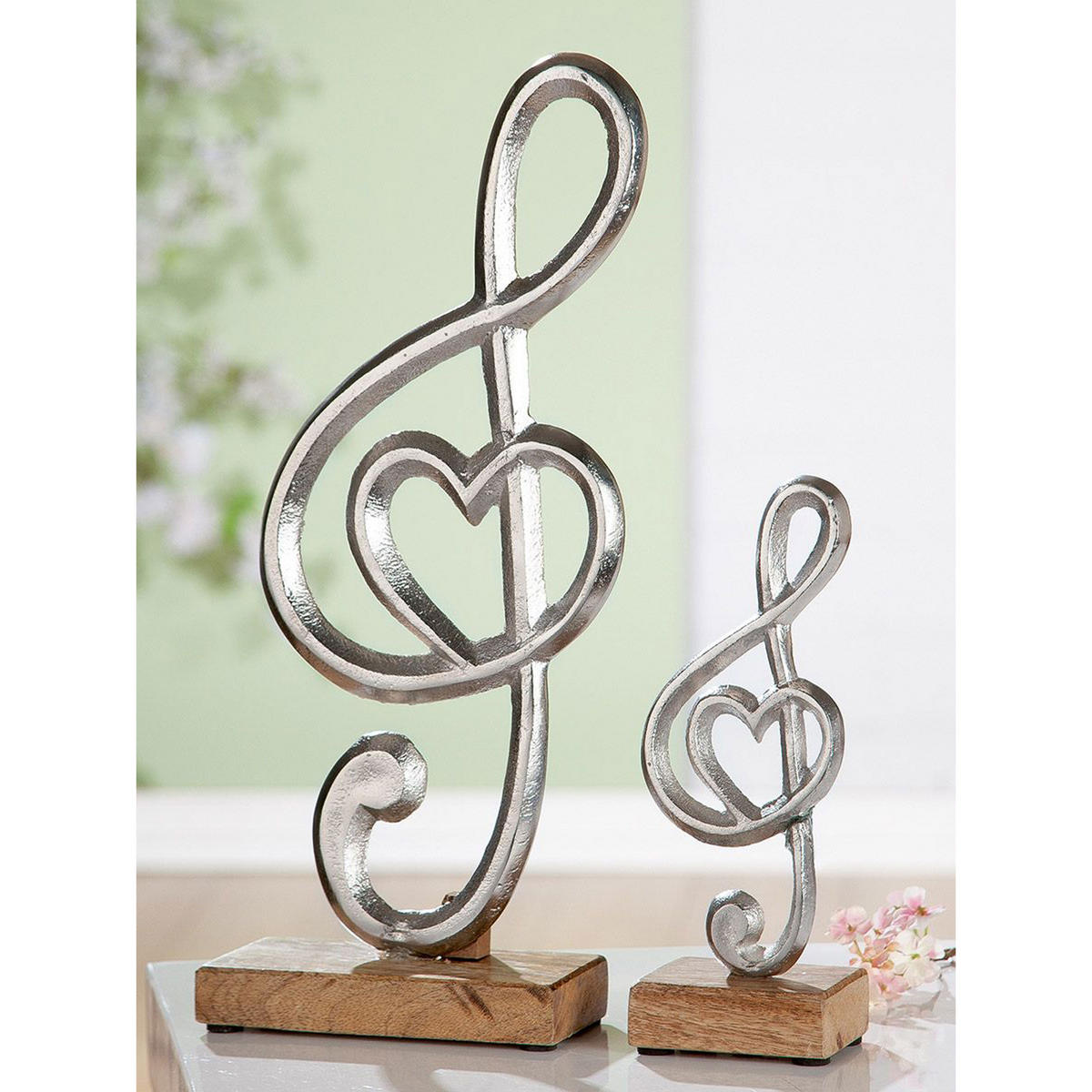 DEKOSKULPTUR Notenschlüssel mit Herz, Aluminium / Mangoholz, H 22 cm - Silberfarben, Metall (7/21/7cm) - Gilde