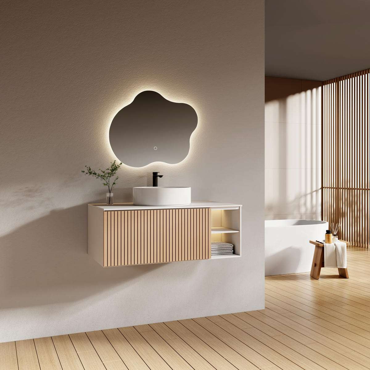 BADSPIEGEL asymmetrisch mit LED-Beleuchtung, Antibeschlag 60/50/3 cm - Transparent, Glas (60/50/2.9cm) - EMKE