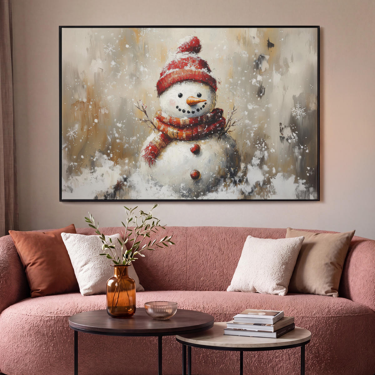 LEINWAND Bilder mit Rahmen - Schneemann - Winter - Schnee - Beige - 140x90 - Weiß, Textil (140/90cm) - MuchoWow