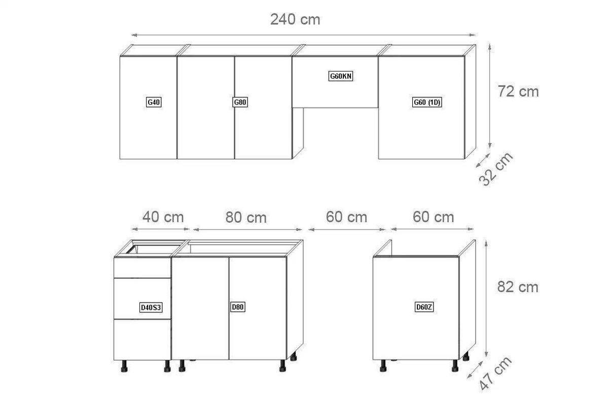 KÜCHENZEILE 240 cm – Nexa K25-G240 – in Grau / Matt - Schwarz/Grau, Holz/Metall (240/212/47cm) - ROYAL24_MARKT