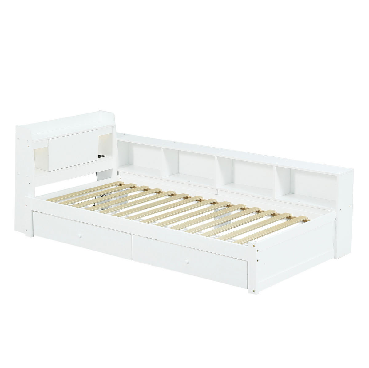 EINZELBETT 90/200 cm mit Ladebuchse, 2 Leuchten und viel Stauraum, Weiß - Weiß, Holz (90/200cm) - Redom