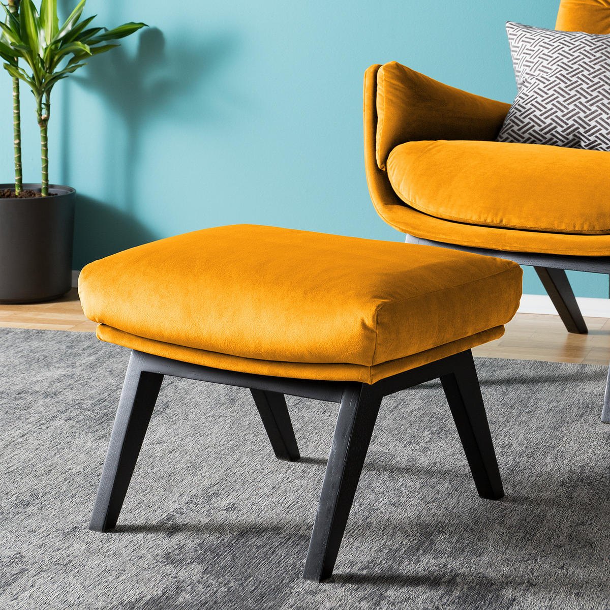 POLSTERHOCKER mit Holzfüßen - Gelb/Schwarz, Eichenholz/Textil (51/37/41cm) - home24