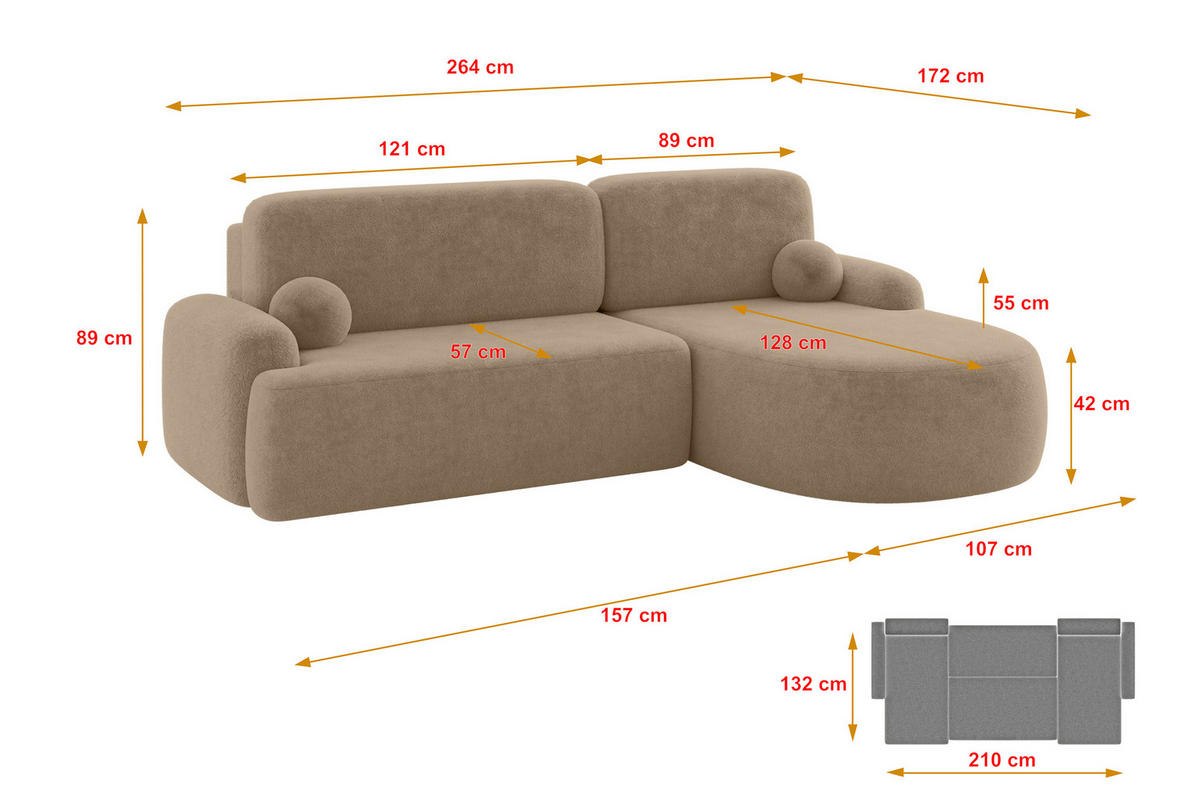 ECKSOFA mit Schlaffunktion und Bettkasten LIRA-L - 264x172x89 Beige - Beige, Holzwerkstoff/Textil (172/264cm) - ALTDECOR