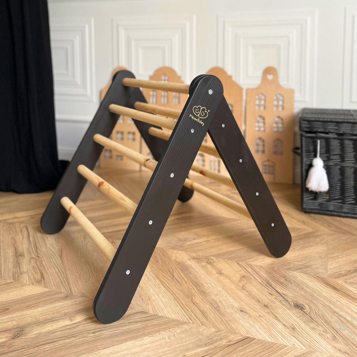 KLETTERDREIECK mit Rutsche, Montessori, Schwarz - Beige, Holz (59.5/59/60cm) - MeowBaby