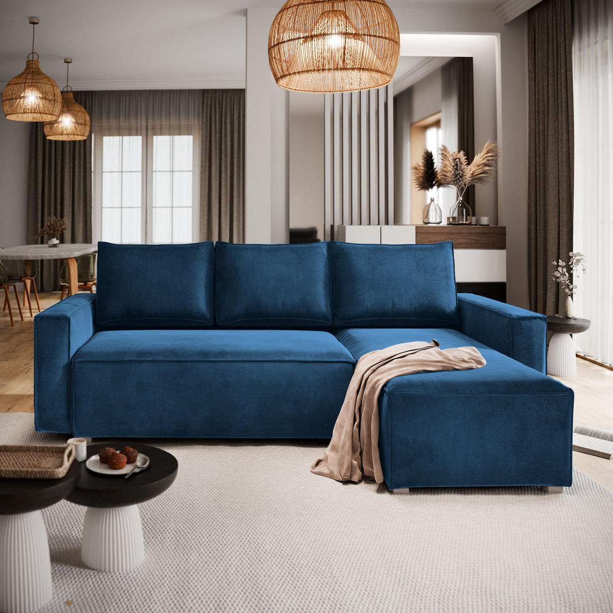 ECKSOFA SILES Blau Velours-Stoff mit Schlaffunktion - Blau, Holz (230/140cm) - MASSENO
