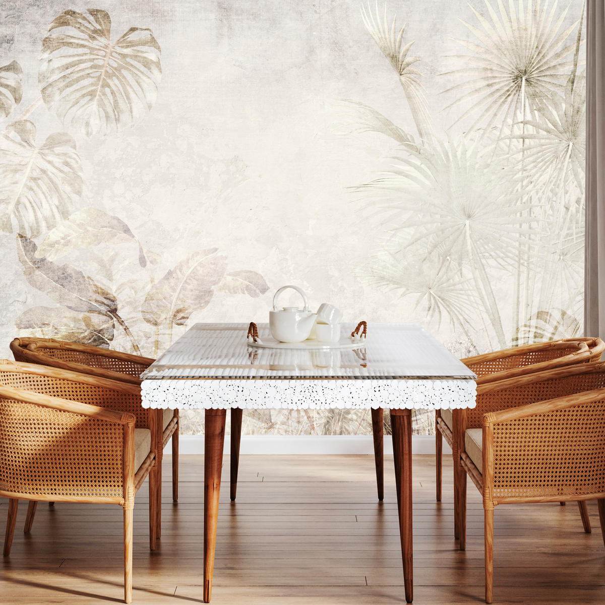 FOTOTAPETE für Wohnzimmer Tropisch Vintage Palmenblätter Beton 500x350 - Beige/Creme, Papier (500/350cm) - Muralo