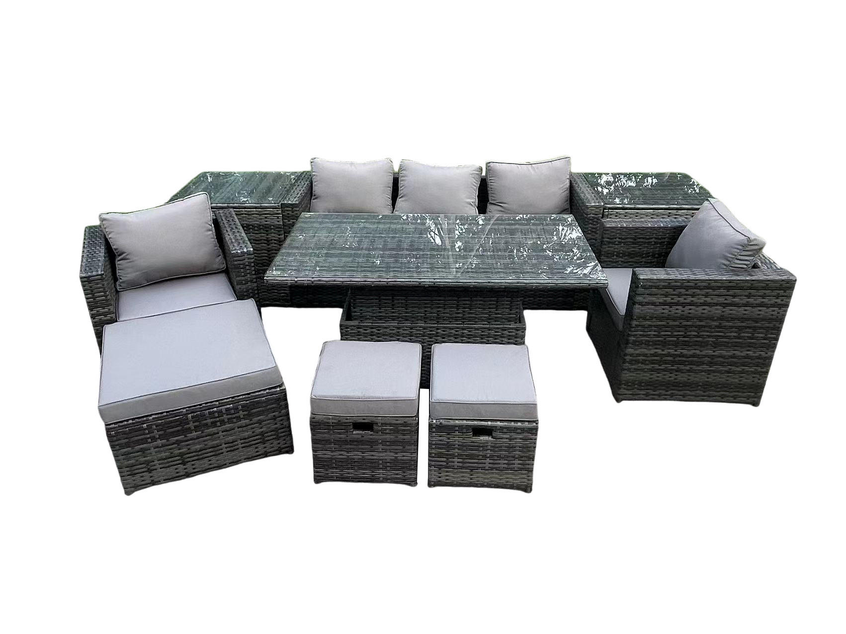 GARTENTISCHGRUPPE Polyrattan 8-Sitzer - Dunkelgrau/Grau, Glas/Kunststoff - Fimous