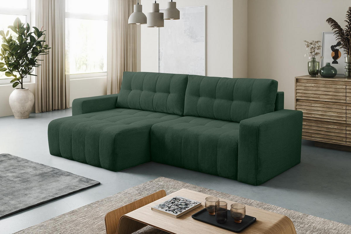 ECKSOFA Masina Dunkelgrün, Schlafsofa aus Cordstoff - Dunkelgrün, Holzwerkstoff (245/143cm) - Bettso