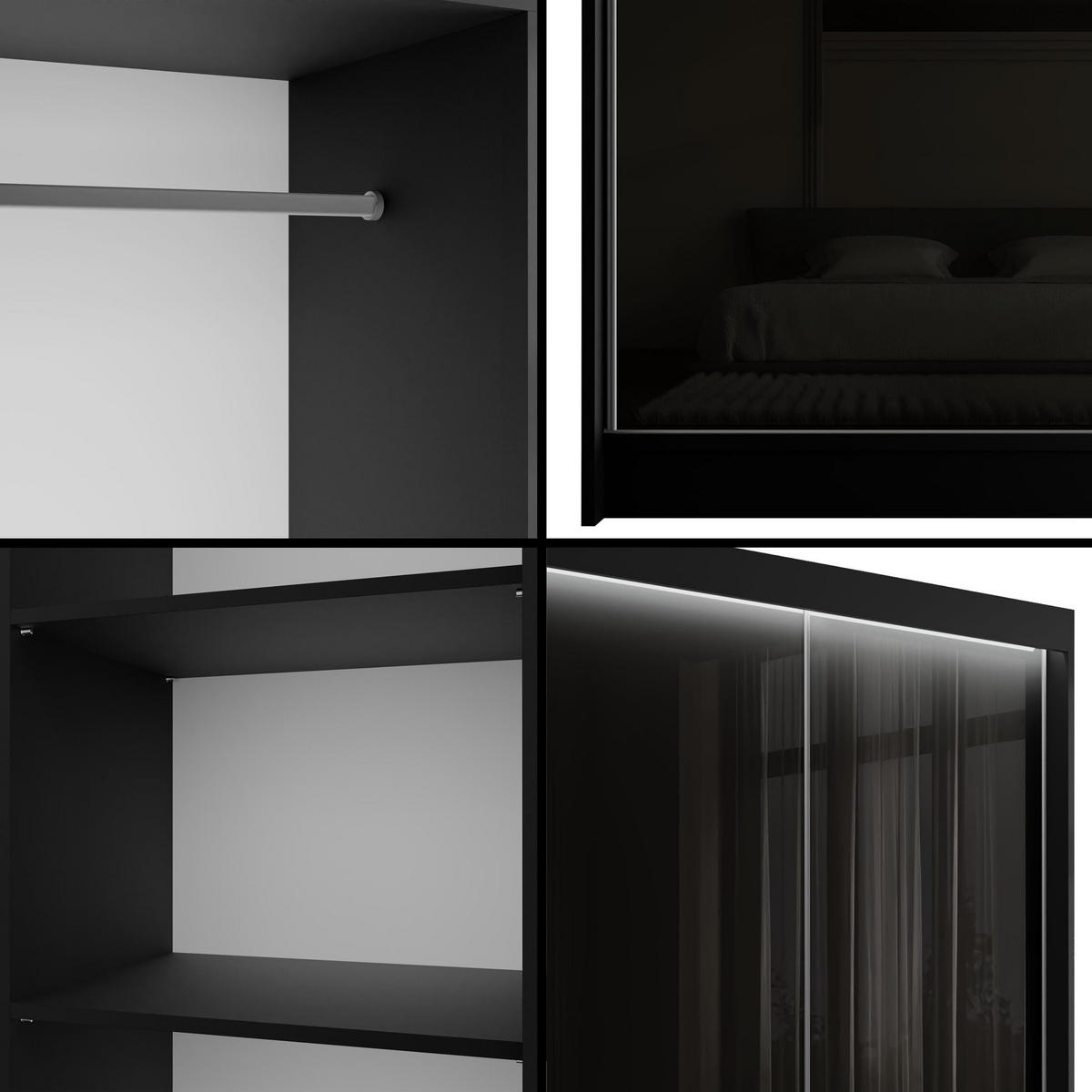 KLEIDERSCHRANK PEKA mit LED - 150 cm - Schwarz - Schwarz, Holzwerkstoff (150/215/61cm) - ALTDECOR