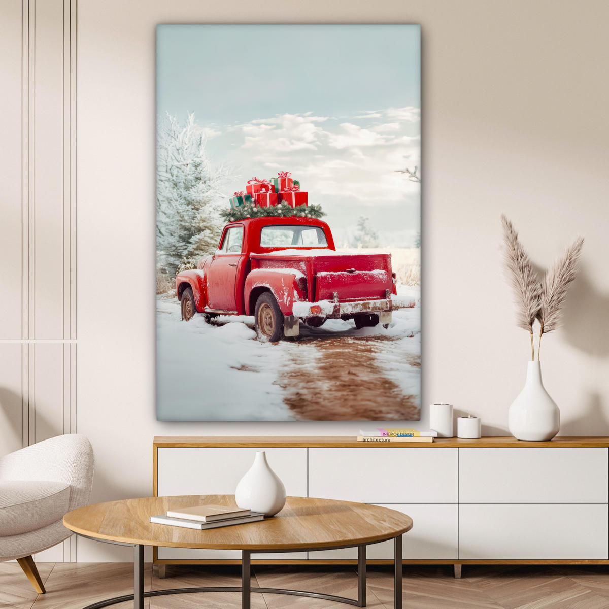 LEINWANDBILD Auto - Rot - Geschenke - Winter - Schnee - Weihnachten 90x140 cm - Rot, Textil (90/140cm) - MuchoWow