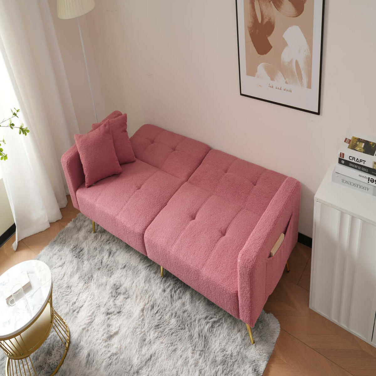 SOFA Schlaffunktion Verstellbar Goldene Beine Aufbewahrungstaschen Kissen - Pink, Holz (90.93/18.42/80.26cm) - FLIEKS