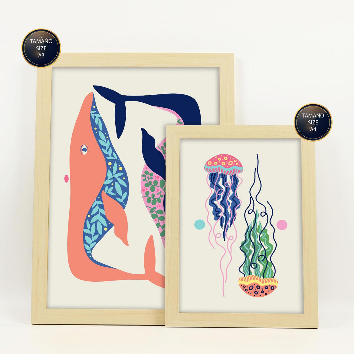 POSTER Set Mit 6 Kreaturen Frames 2 In Tiere Abstracts Ästhetische Dekorative Gemälde Für Ihr Wohnzimmer Zuhause A3 & A4 Rahmen Aus Hellem Holz - Beige, Papier (29/3cm) - Nacnic