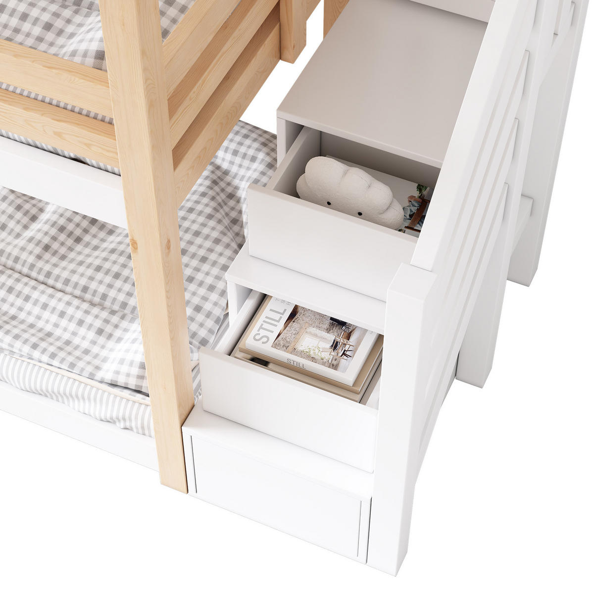 HAUSBETT 90/200 cm Natur & Weiß aus Kiefer-Massivholz und MDF mit Stauraum - Naturfarben, Holzwerkstoff (90/200cm) - OKMYHOME