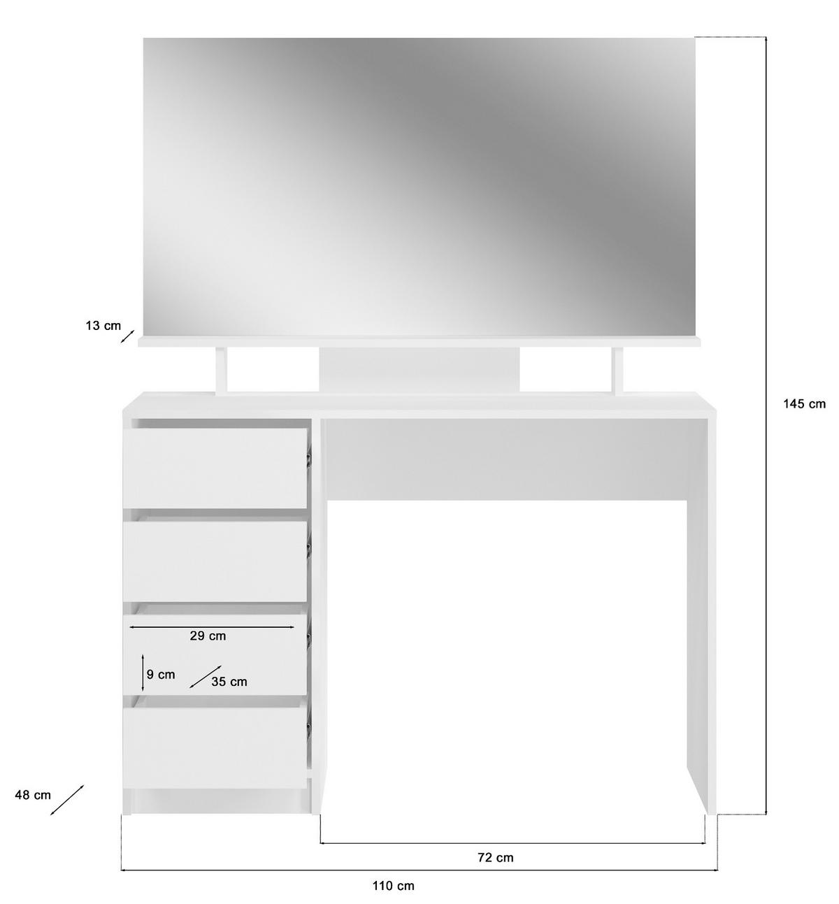 SCHMINKTISCH weiß Hochglanz 110 cm, Kosmetiktisch mit Schubladen und Spiegel - Weiß, Holzwerkstoff (110/145/48cm) - Inn.Furn