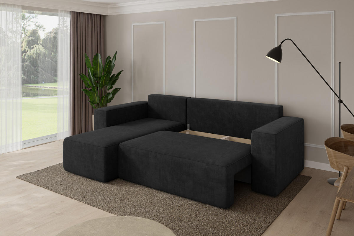 ROHOVÁ SEDAČKA s funkcí spaní, otoman vlevo SENO-L 249x139x85 černá velur - černá, kompozitní dřevo/textil (249/139cm) - ALTDECOR
