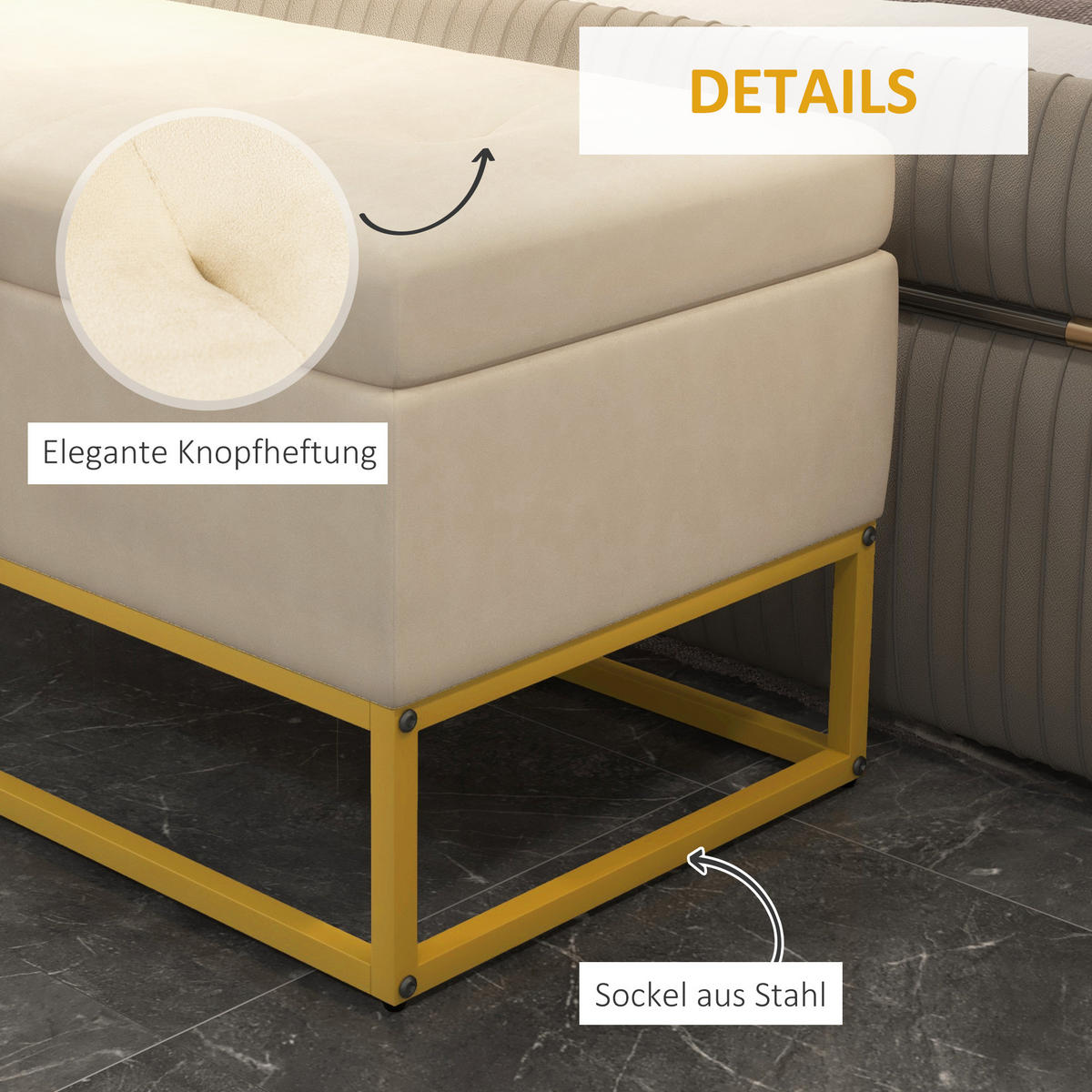 TRUHENBANKDE-07210 mit Knopfheftung und Flanelloptik Goldbeine - Beige, Metall (44/49/110cm) - ComfortXL