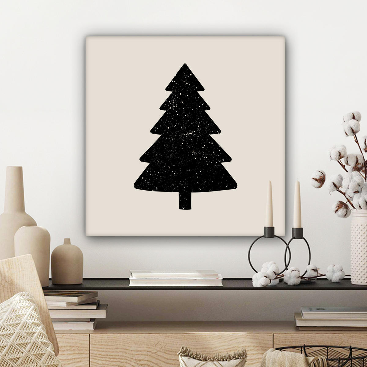 LEINWANDBILD Weihnachtsbaum - Schwarz - Urlaub - Beige Wandbild Wohnzimmer 50x50 cm - Schwarz, Textil (50/50cm) - MuchoWow