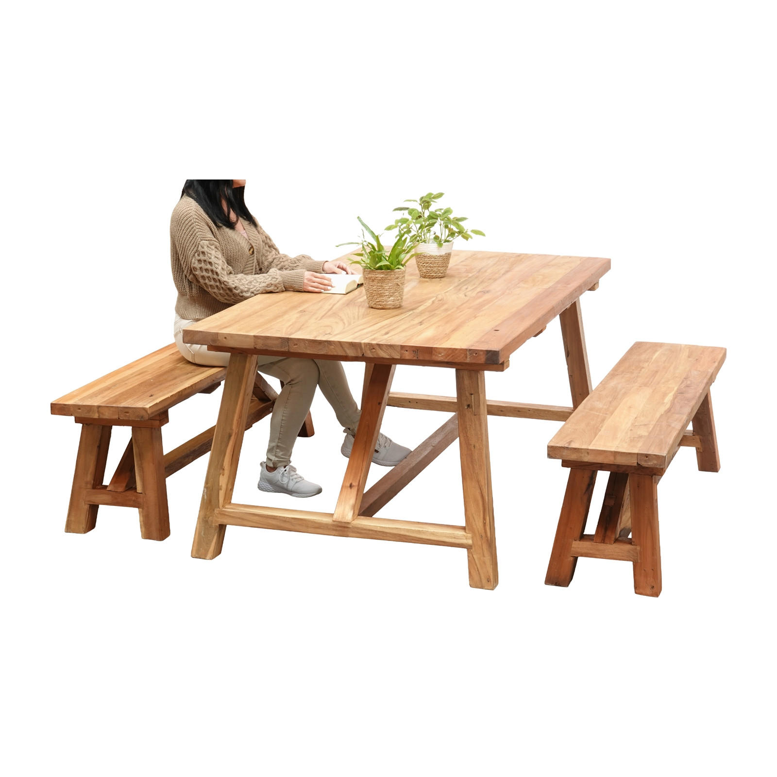 ESSGRUPPE Roca 3-tlg. Esstisch + 2 Bänke, Massivholz naturfarben - Naturfarben, Holz (180/74/100cm) - CREEDWOOD