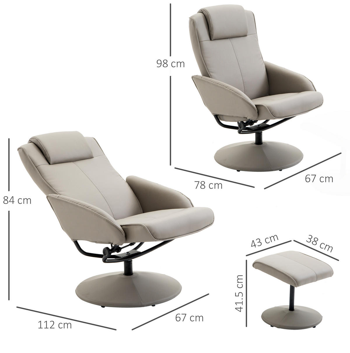RELAXSESSEL Kunstleder mit Fußhocker, 145° Neigung 78/67/98 cm Grau - Grau, Holz (67/98/78cm) - Redom