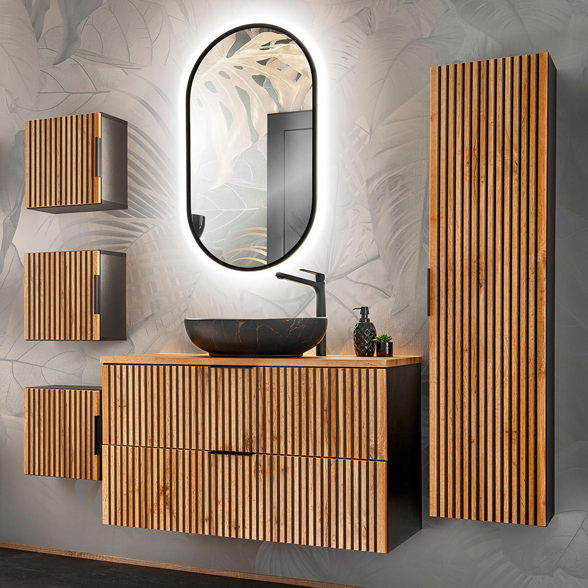 KOUPELNOVÝ NÁBYTEK 100.6cm Gaia 2er-Set Dubové dřevo a černá barva - černá, kompozitní dřevo (100.6/59/46cm) - Petits-meubles