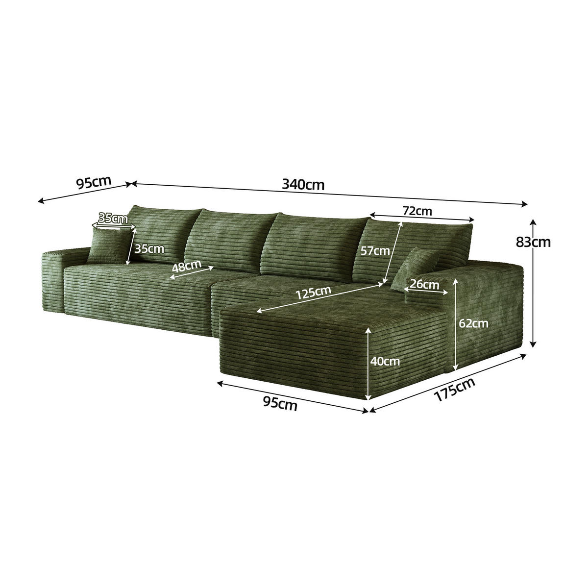 L-FÖRMIGES ECKSOFA Grün 270/175/83 cm 4-Sitzer Modular Cordstoff - Grün, Textil (270/175cm) - PANGIVO