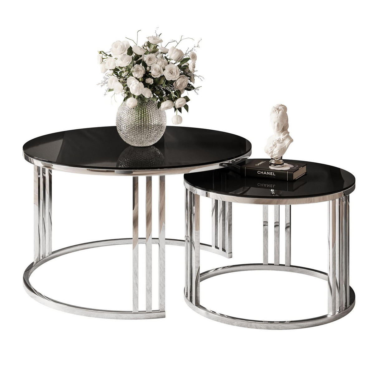 COUCHTISCH 2 in 1 LORI GLASS verchromt silber - Silberfarben/Schwarz, Glas (70/70/48cm) - Lookway