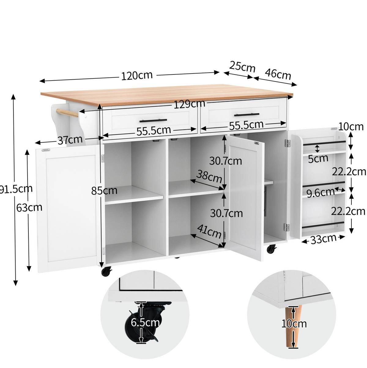 KÜCHENINSEL 129/71/91,5 cm Weiß aus MDF mit klappbarer Arbeitsplatte - Weiß, Holzwerkstoff (46/91.5/120cm) - OKMYHOME