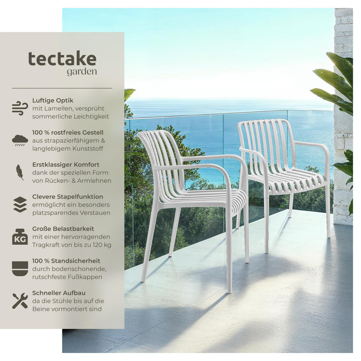 GARTENSTÜHLE Alcudia,54,5 x 58 x 80,5 cm, Belastbarkeit 120 kg,weiß - Creme, Textil (54.5/80.5/58cm) - tectake