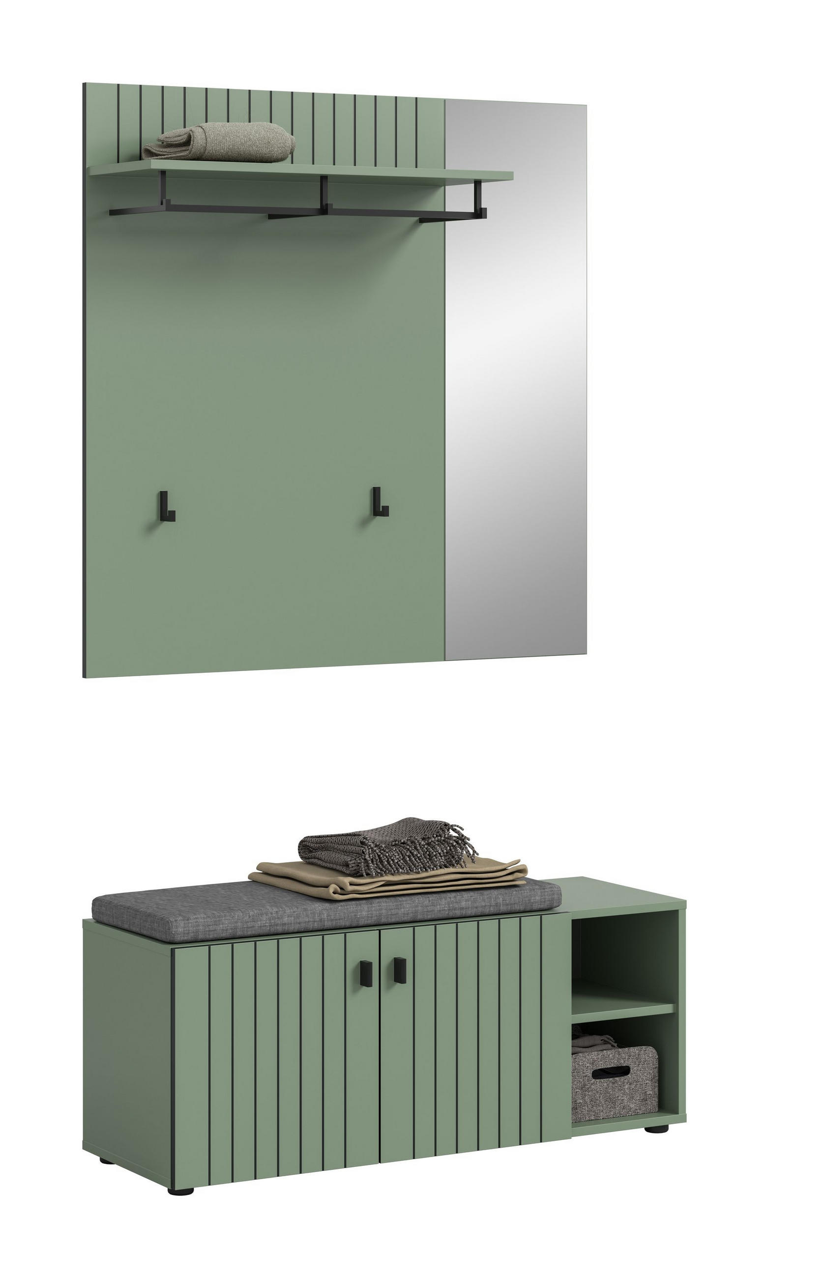 GARDEROBEN-SET inkl. Sitzkissen STATION 2-tlg. (B/H/T: ca. 106/192/37 cm) in Smoke Green/Smoke Green - Dunkelgrün, Holzwerkstoff (106/192/37cm)