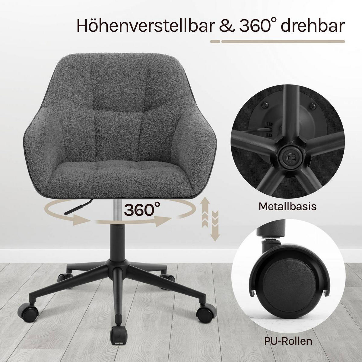DREHSTUHL höhenverstellbar, Bouclé-Sitz, Dunkelgrau+Schwarz - Dunkelgrau/Schwarz, Kunststoff/Textil (61/81/56cm) - Woltu