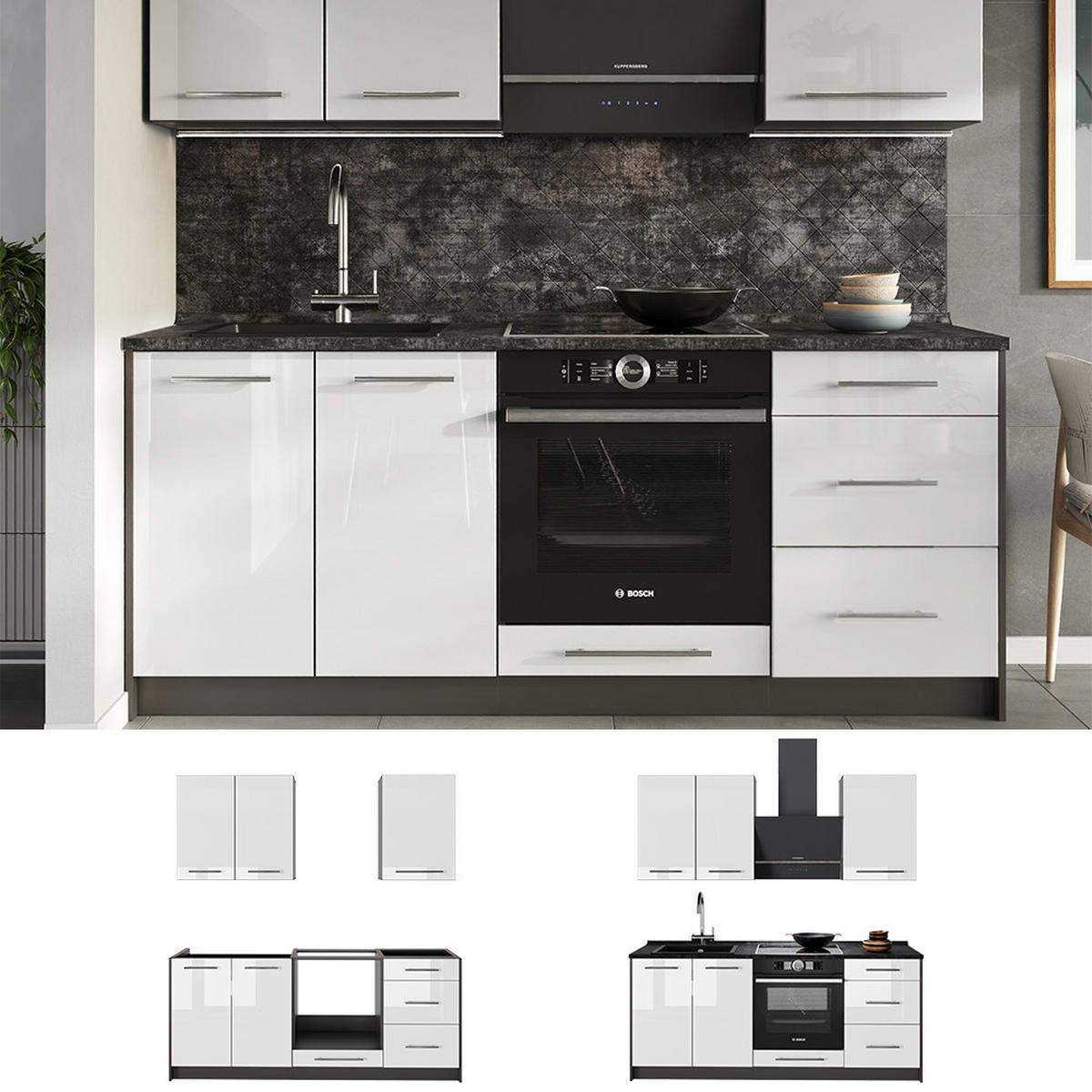 ENKELKÖK Fame-Line, Vit högblank/antracit, 190 cm AP Marble - Antracit/Vit högglans, Träbaserade material (190/82/60cm) - Vicco