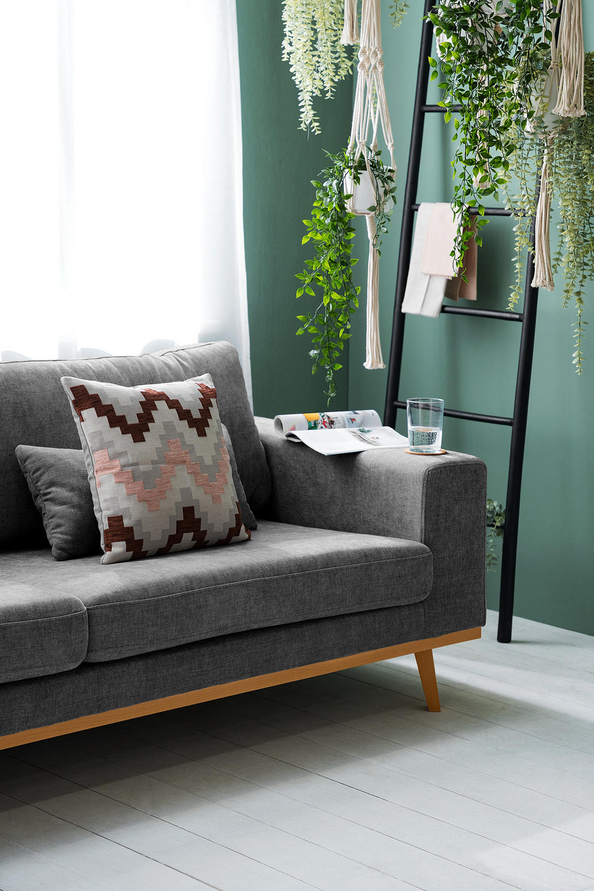 3-SITZER SOFA - Dunkelgrau/Buchefarben, Buchenholz/Textil (237/81/88cm) - home24