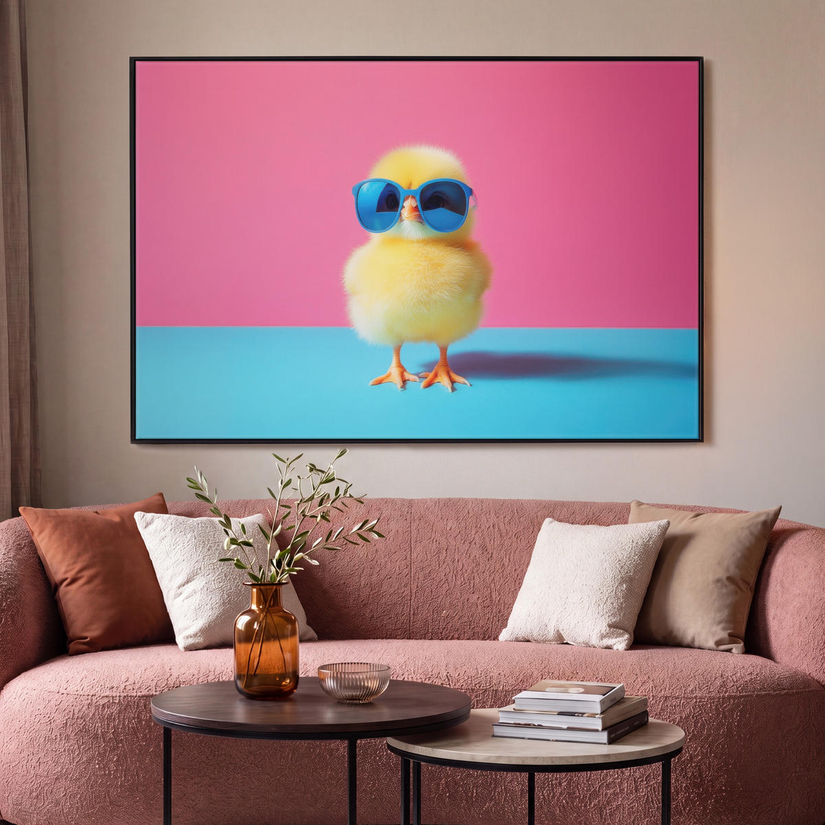 LEINWAND Bilder mit Rahmen - Chick - Sonnenbrille - Blau - 120x80 - Pink, Textil (120/80cm) - MuchoWow